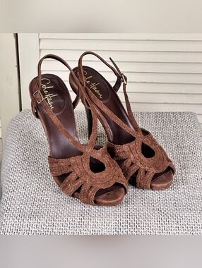 Cole Haan Brown Suede Strappy Heels Braided Sandals